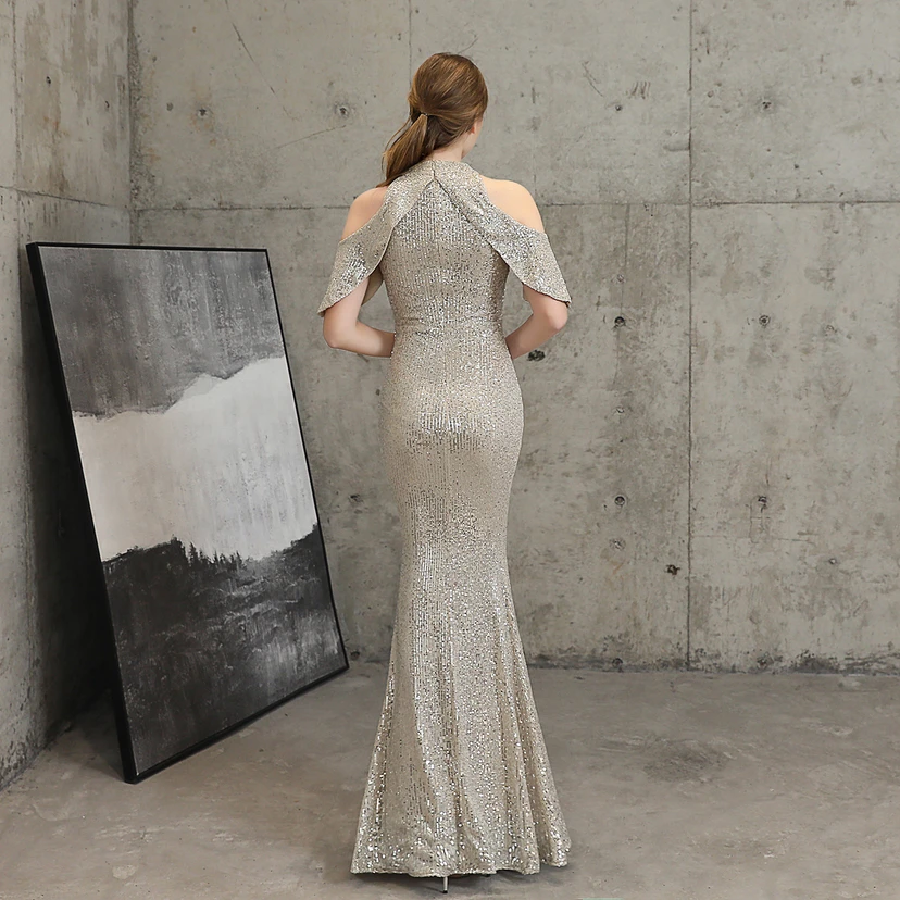 Banquet Temperament Elegant Long Short-Sleeved Sequin Aura Queen Fishtail Evening Dress view 23