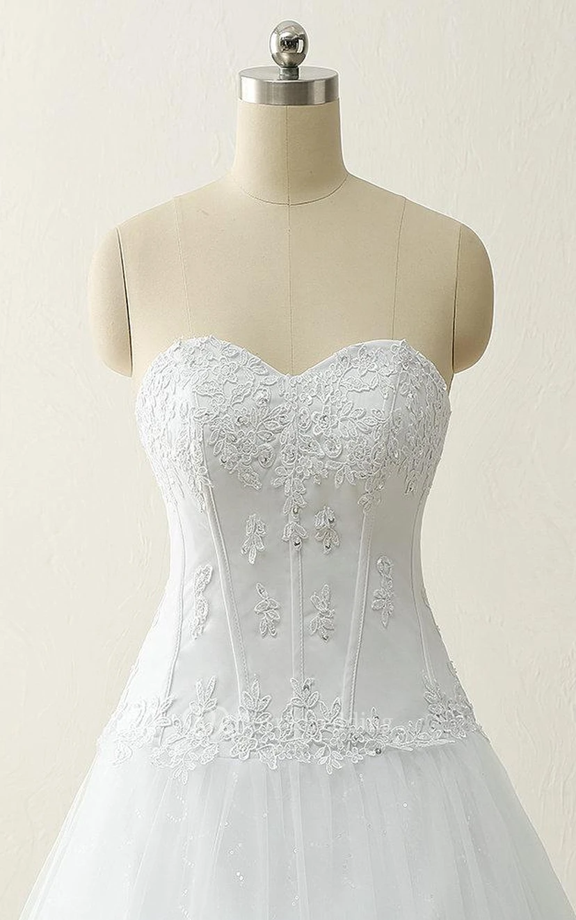 A-Line Ball Gown Floor-Length Straps Sweetheart Beading Appliques Sweep Train Corset Back Straps Tulle Lace Satin Dress view 4