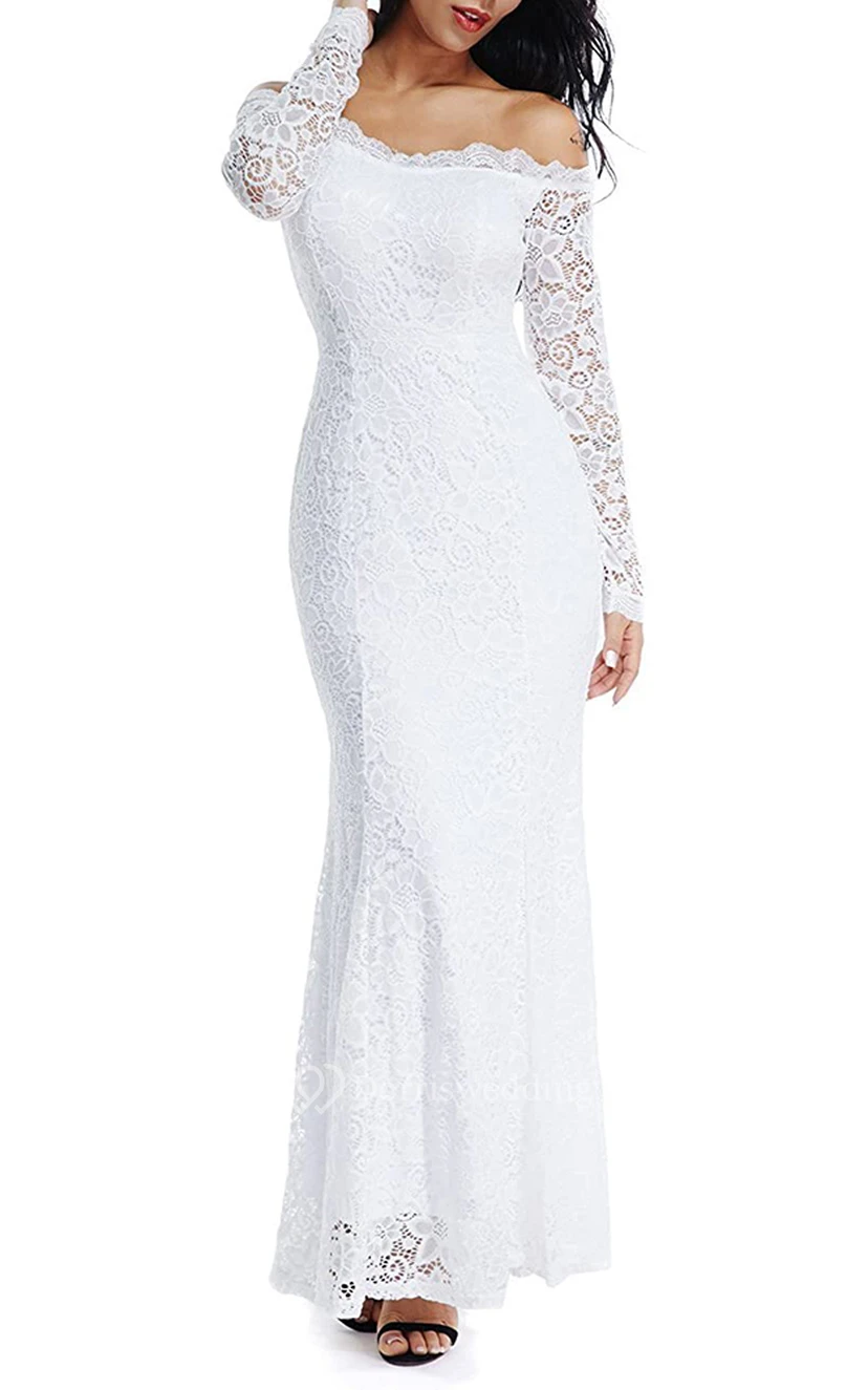 Robe de bal sirène vintage en dentelle à manches longues et épaules dénudées avec ceinture. view 10