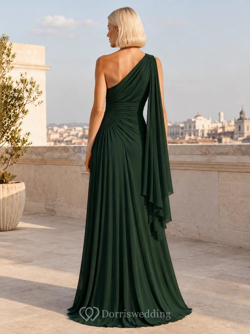 Vestido largo drapeado sin mangas de corte A, asimétrico, de jersey verde bosque con un solo hombro. view 2