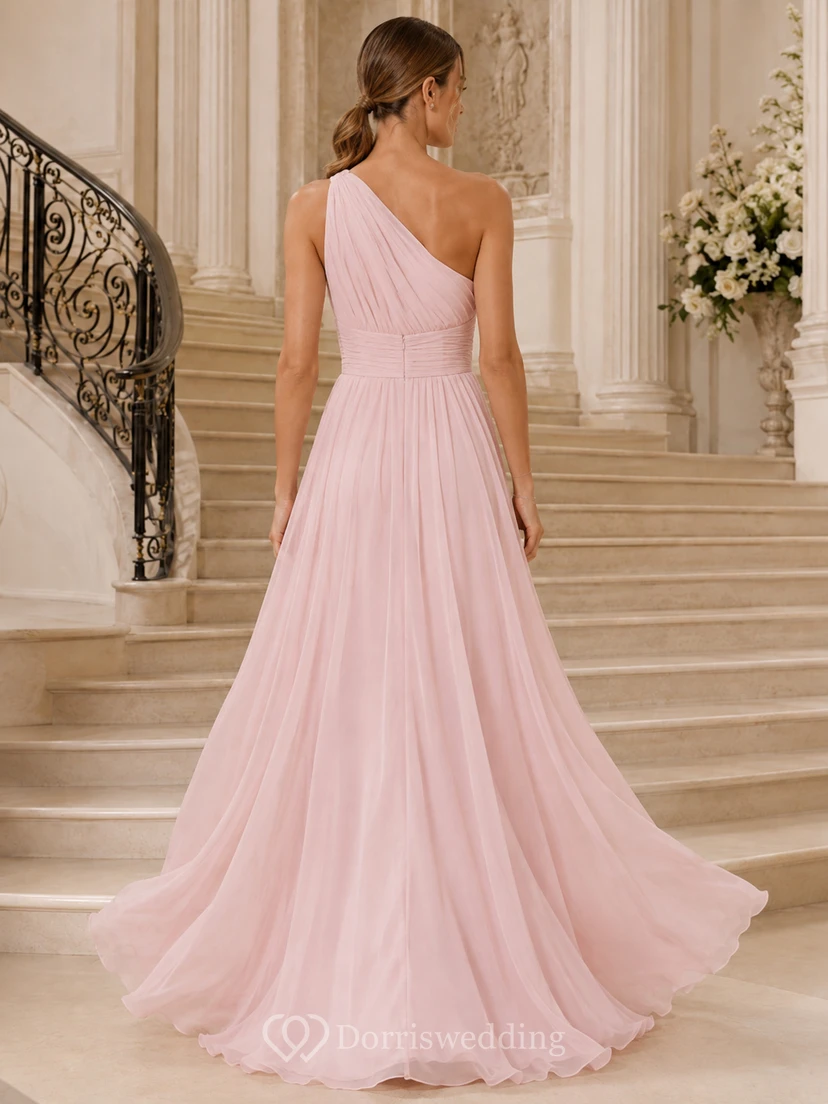 Blush One-Shoulder Draped Satin A-Line Floor Modern Formal Prom Gown view 2
