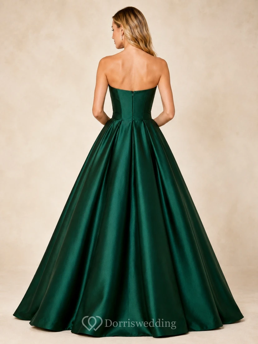 Dark Green Satin Strapless Sweetheart Pleated Floor-length Ball Gown Formal Dress view 2