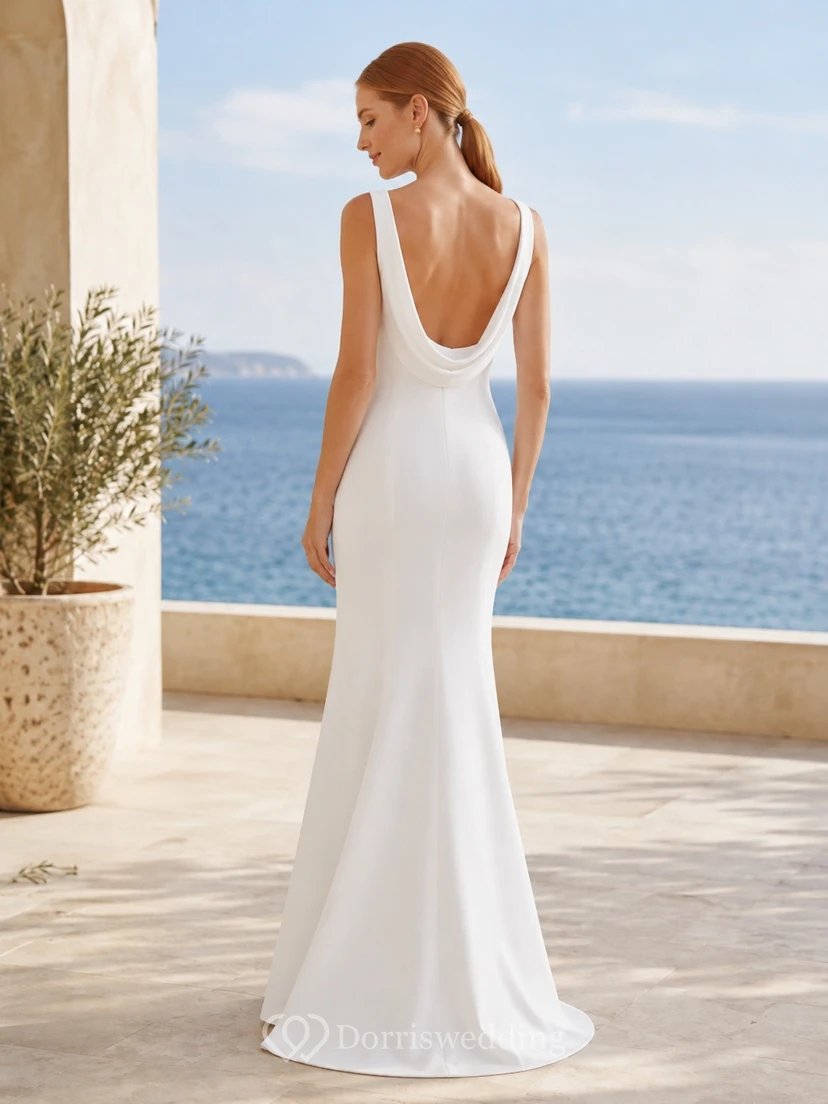 Ärmelloses, minimalistisches Brautkleid aus Satin mit eckigem Ausschnitt, drapiertem, tiefem Rückenausschnitt und bodenlangem Schnitt view 2
