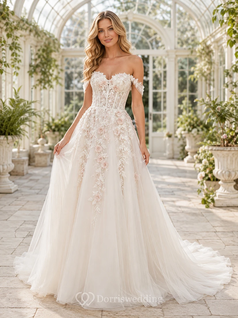 Vestido de novia de encaje, corte A, hombros descubiertos, largo hasta el suelo, con apliques y escote en V en la espalda.
