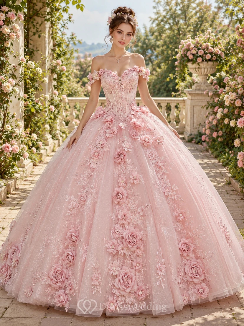 Blushing Pink Luxury Off Shoulder Sculpted Rose Applique Quinceanera Princess Ball Gown