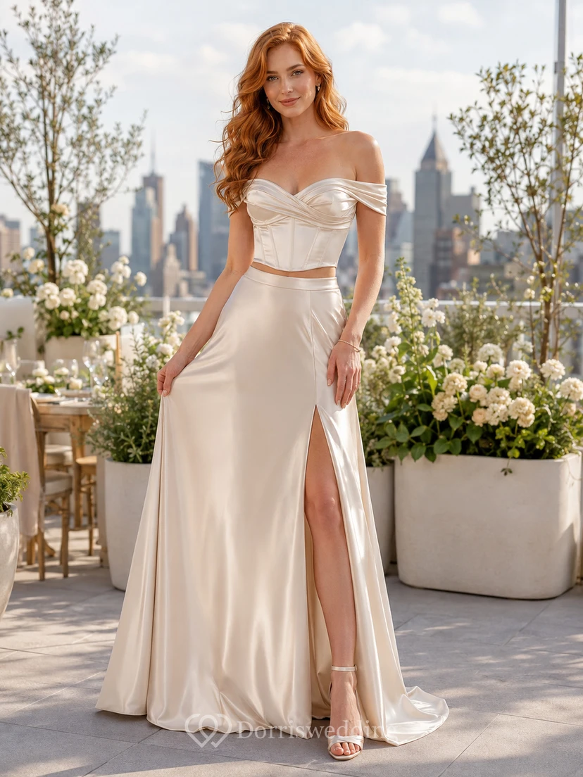 Off Shoulder Corset Satin Slit Skirt Rooftop Bridal Set
