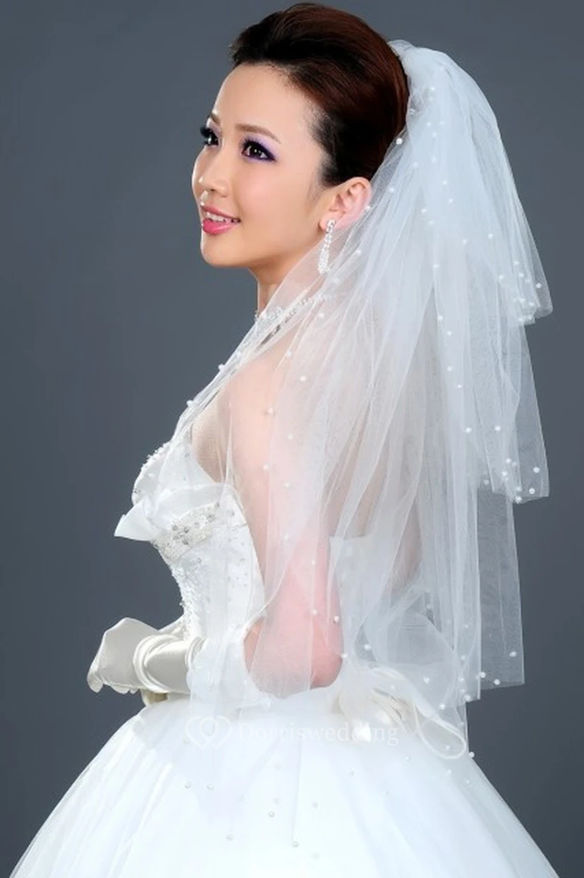 Multi-Layered Puffy Elbow Wedding Veil with Pearl Beading