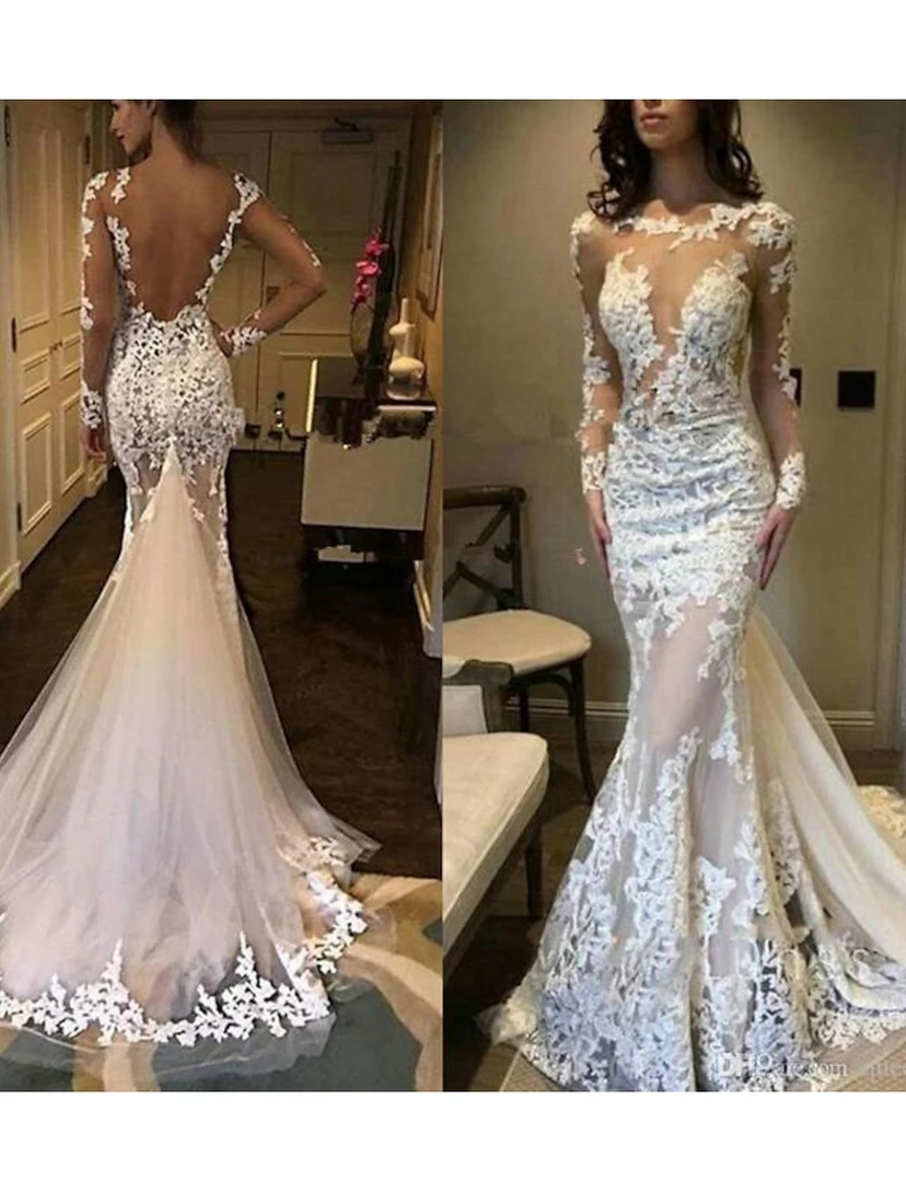 Modern Illusion Lace Wedding Dress with Sheer Long Sleeves view 6