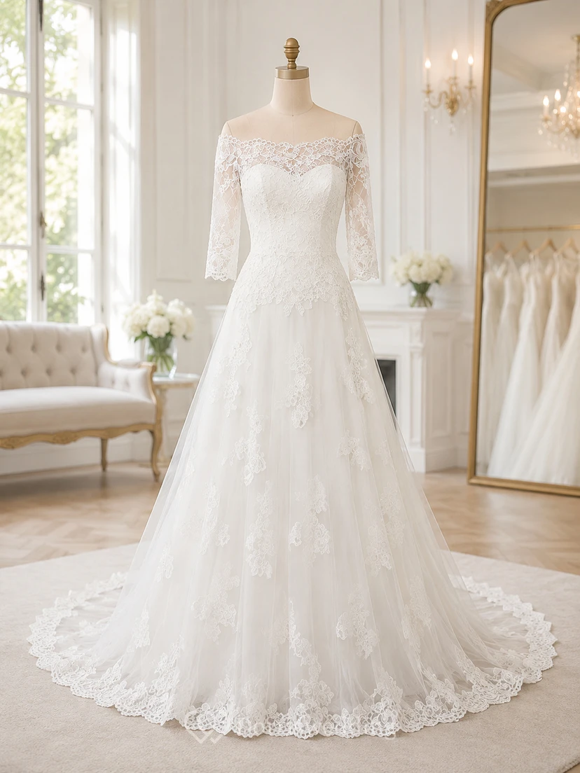 A-Line 3-4-Sleeve Off-The-Shoulder Lace&Tulle Wedding Dress With Illusion view 7