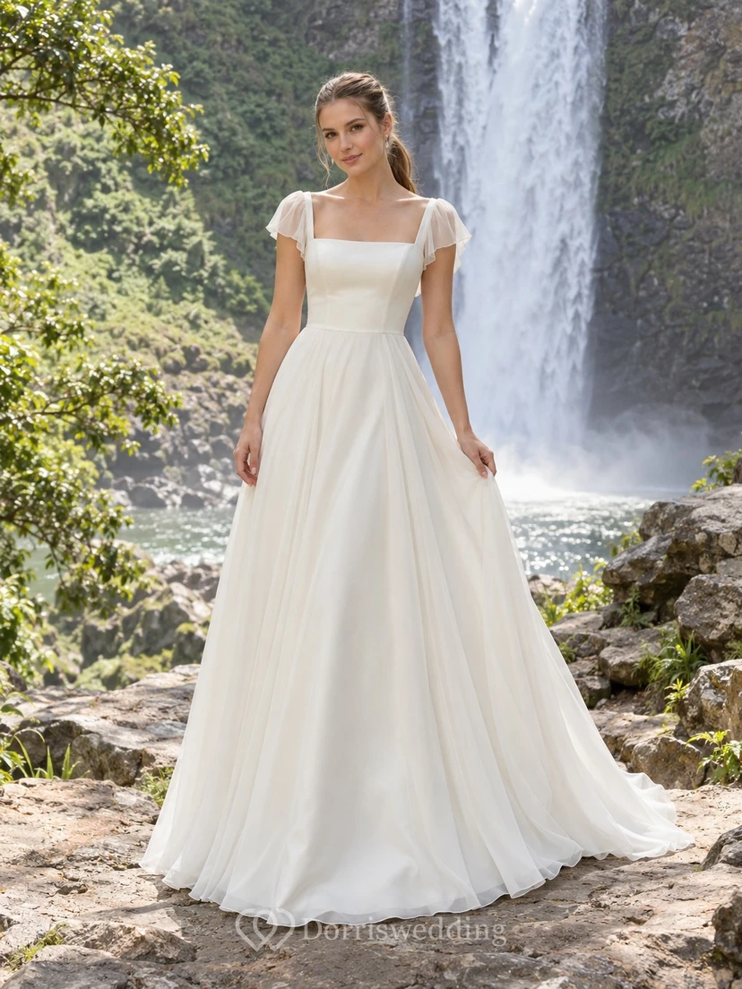 Simple Square Neck Cap Sleeve Chiffon Fitted Waist A Line Sweep Train Wedding Dress
