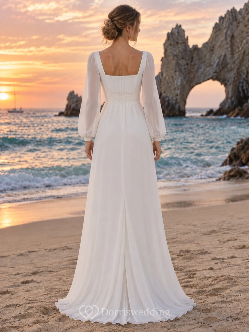 Simple Square Neck Long Sleeve Chiffon Wedding Dress with Softly Gathered Sheath Skirt view 2
