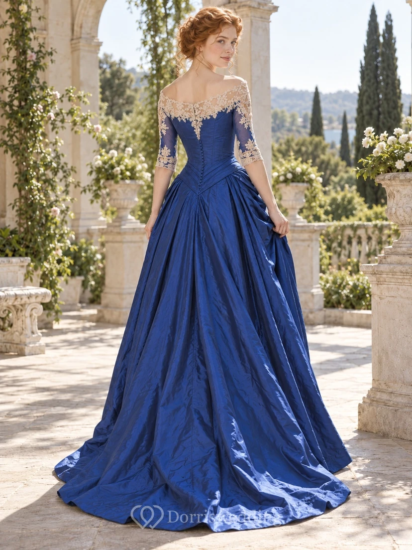 Vintage Edwardian Blue Bateau Lace Sleeve Draped Satin Formal Evening Gown view 2