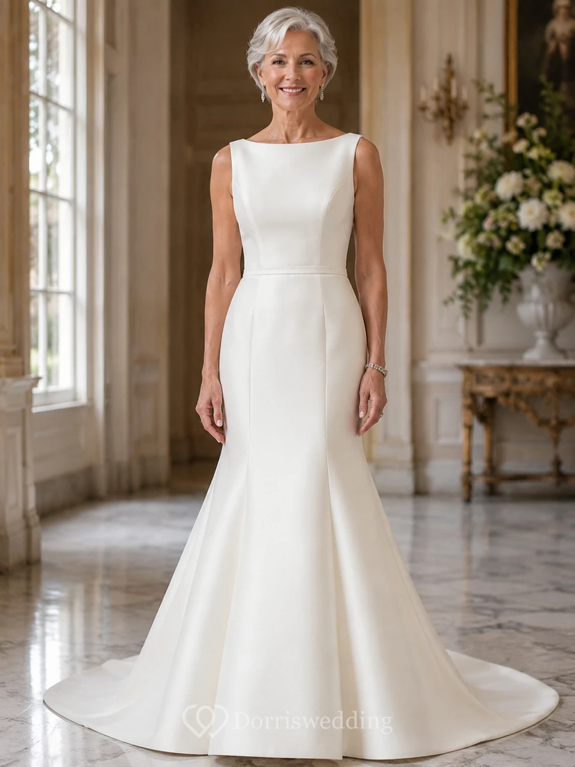 Ärmelloses, figurbetontes Brautkleid im Meerjungfrauen-Stil aus glattem Satin für ältere Bräute