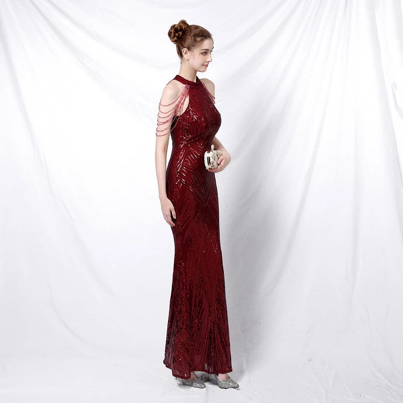 Robe de soirée élégante à col halter et sequins, allure de reine, style banquet, longue robe de soirée sirène à sequins, style star, glamour et décontracté. view 3