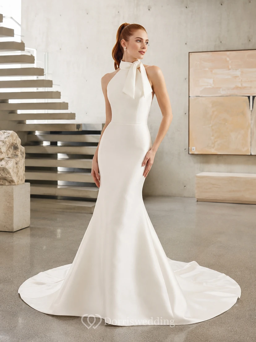 Stretch Satin Wedding Dress Mermaid Halter Sleeveless Sweep Train Open Back Bridal Gown