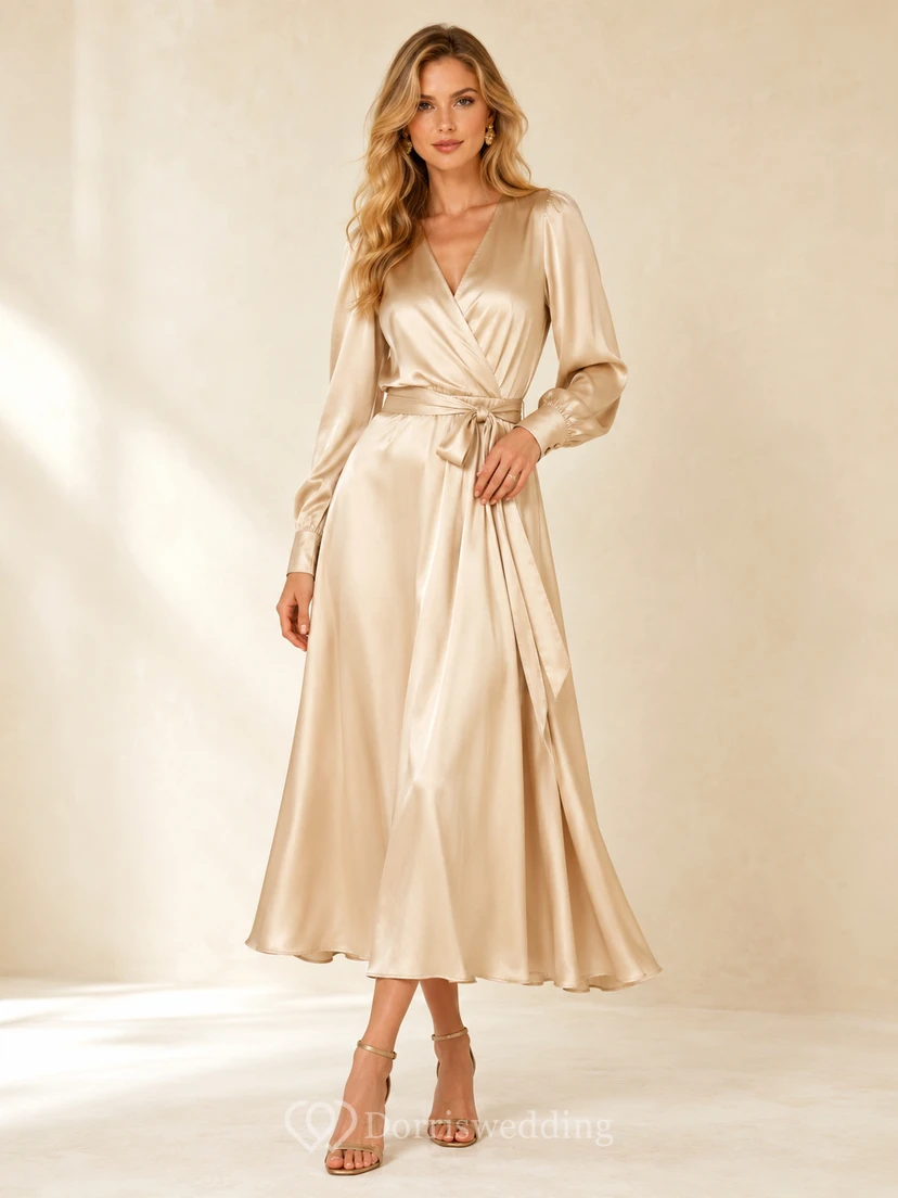 Champagne V-Neck Puff-Sleeve Sashed Satin Simple A-Line Tea Cocktail Dress