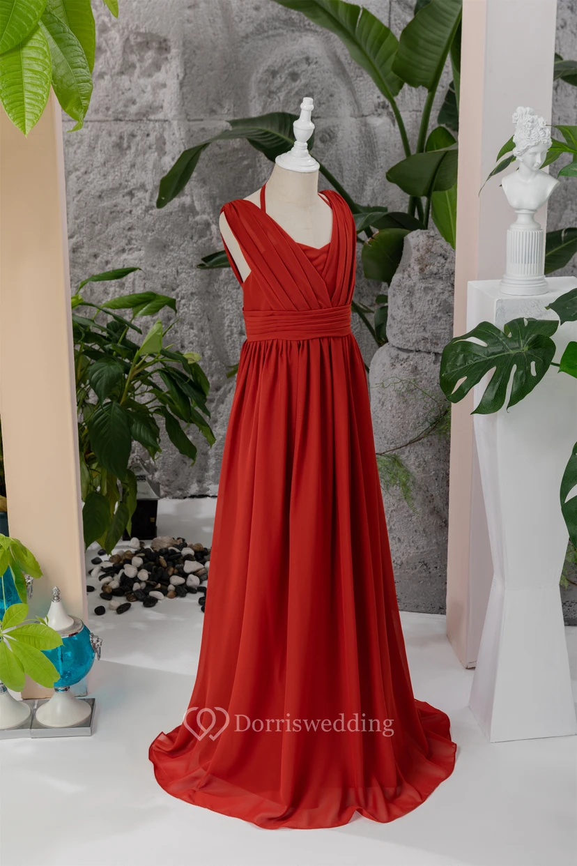 Red Halter Criss-cross Empire Chiffon Ruched Flowergirl Dress view 7
