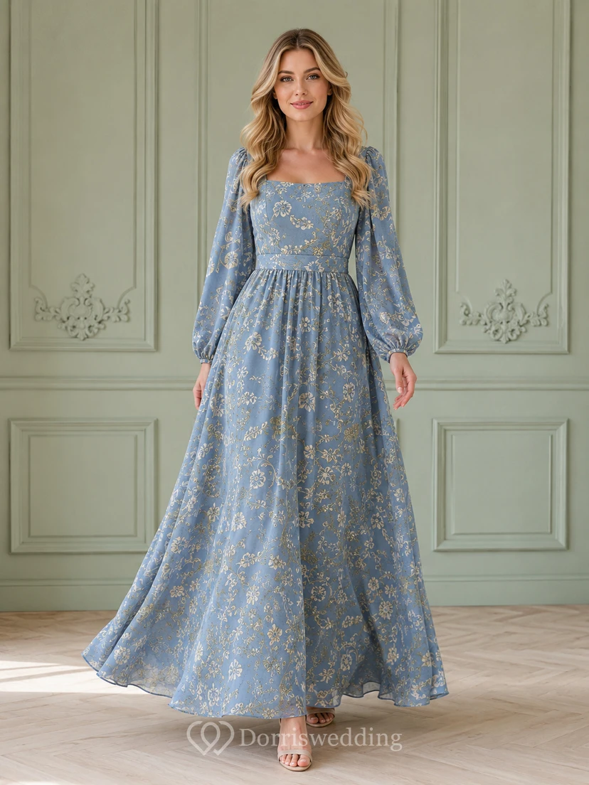 Blue Victorian Botanical Print Square Neck Long Sleeve Maxi Dress
