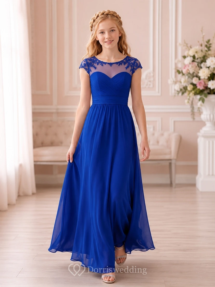 Königsblaues Brautjungfernkleid für junge Damen, A-Linie, bodenlang, mit kurzem, geschwungenem Saum und dekorativen Details, romantisch