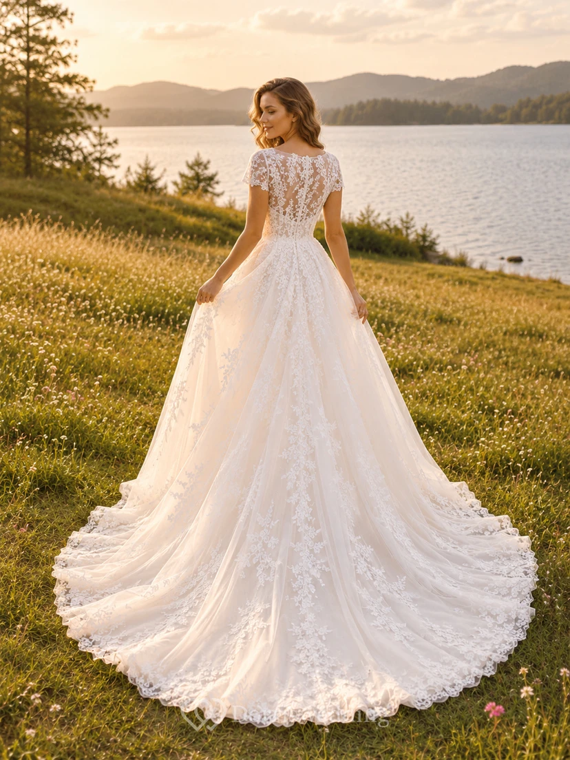 Country V Neck Cap Sleeve Lace Tulle A-Line Illusion Back Chapel Wedding Dress view 2