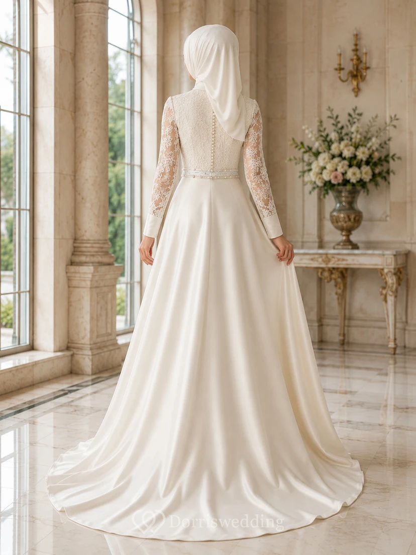 Petite Muslim Long Sleeve Lace Bodice Satin A-Line Wedding Dress view 2