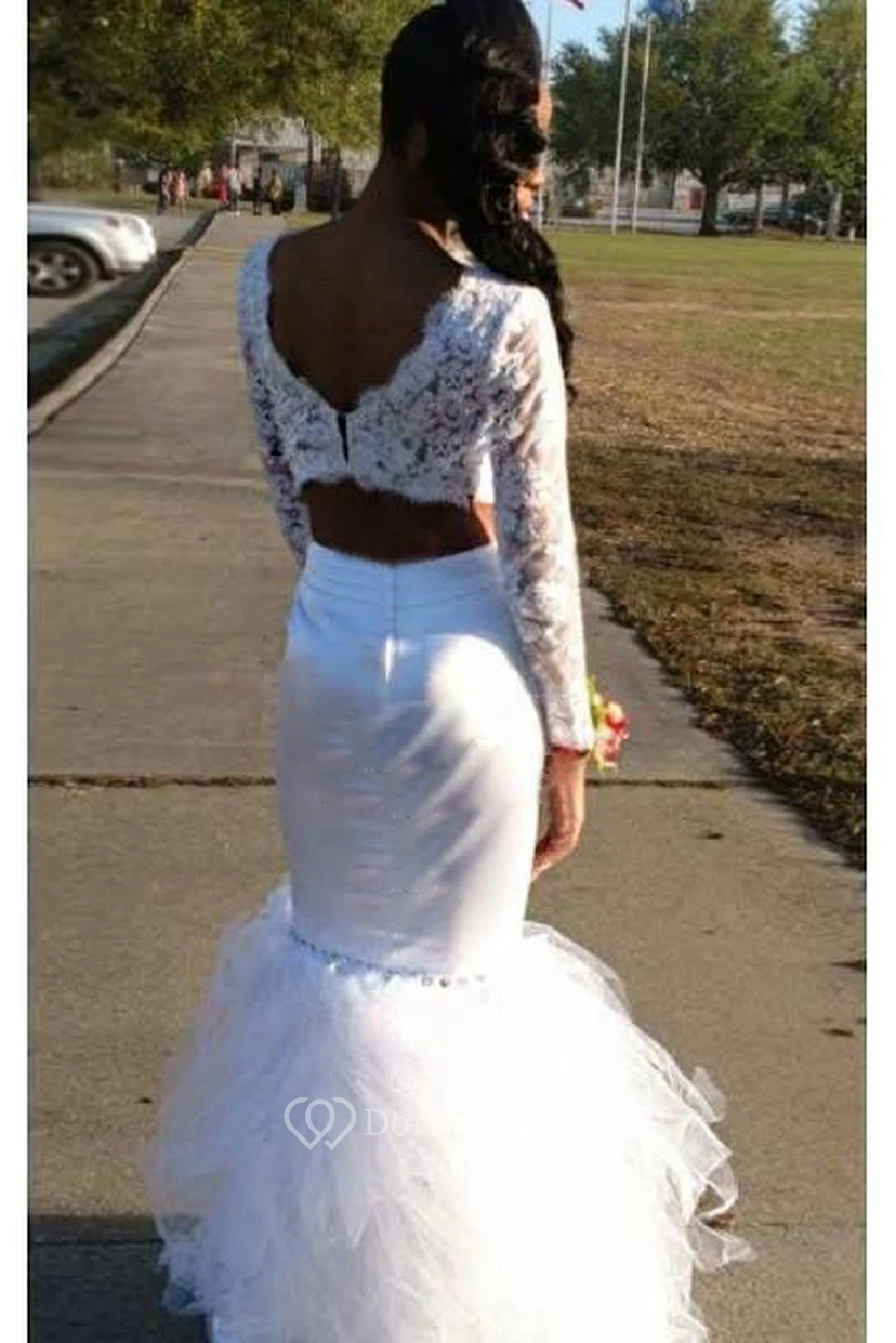 Mermaid Trumpet Lace Tulle High Neck Long Sleeve Low-V Back Dress view 2