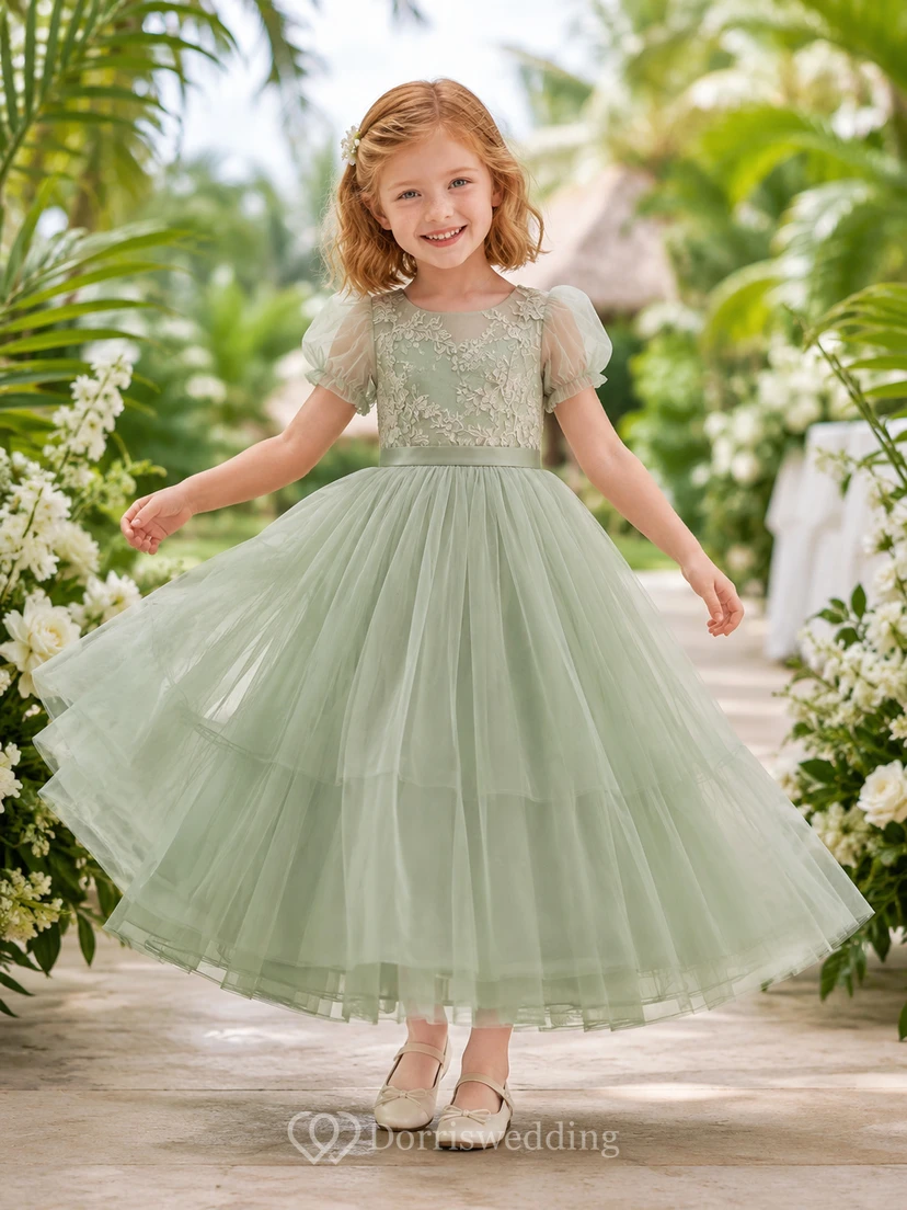 Bohemian Elegant Flower Girl Dress High Neck Cap Sleeve Sage Lace Tulle Floor Length Bow