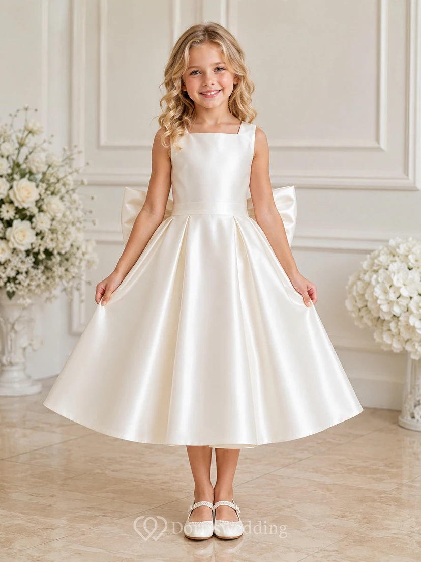 Simple Satin A-Line Flower Girl Dress with Bow Back