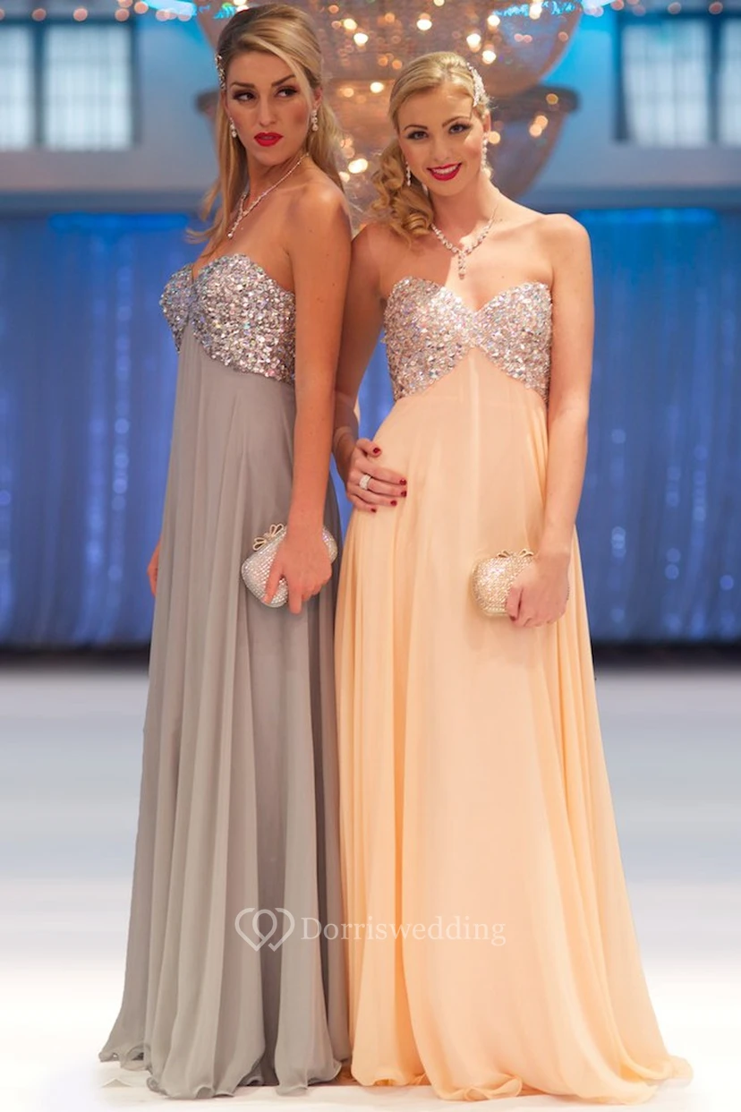 Sheath Long Sleeveless Sweetheart Empire Beaded Chiffon Prom Dress With Pleats view 3