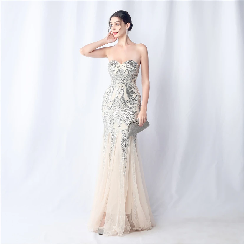 Positionierung Blumenschnitt Netz Pailletten Hochzeitsdinner Toast Party Abendkleid view 59