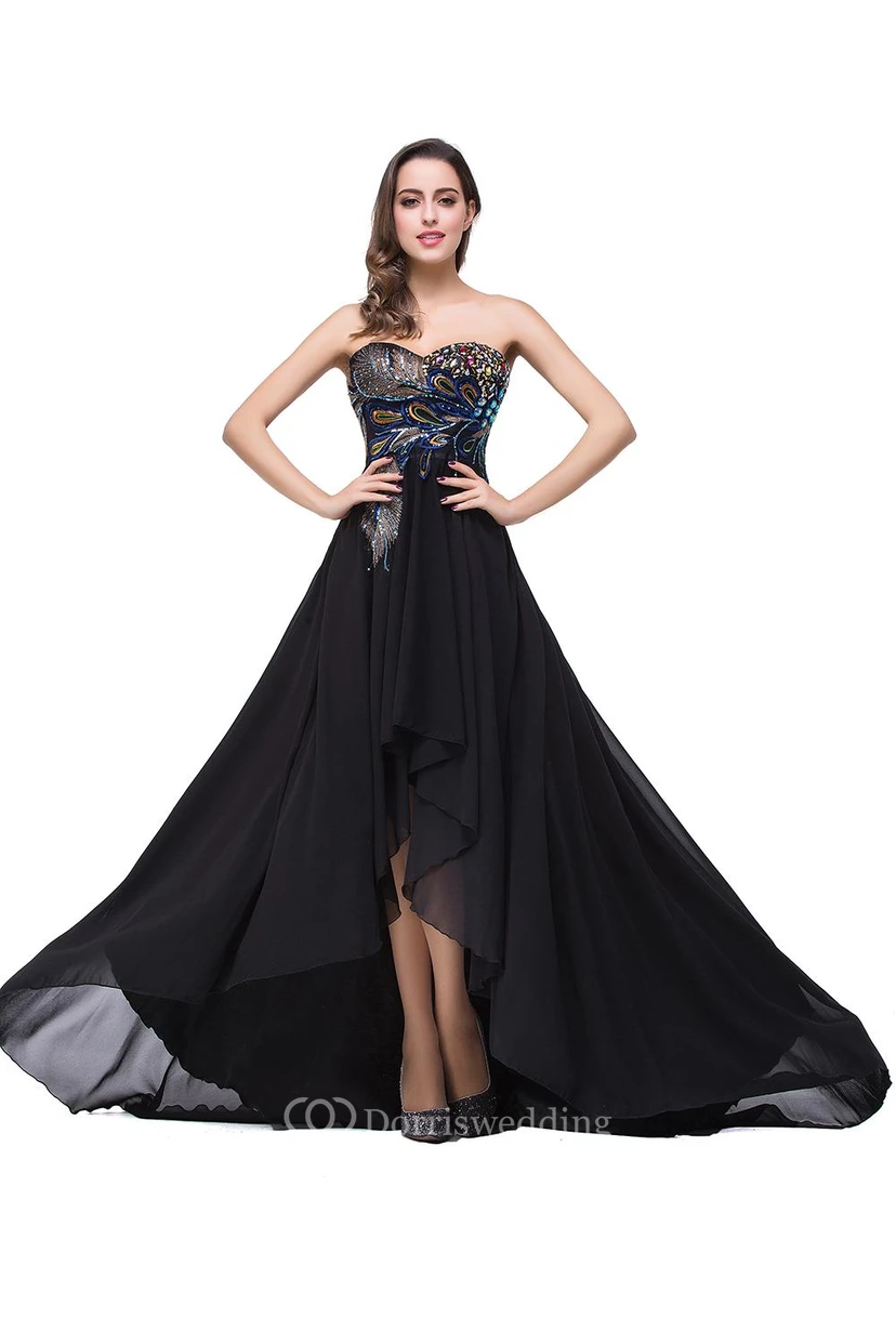 Newest Black Chiffon Peacock Prom Dress Hi-Lo Sweep Train view 5