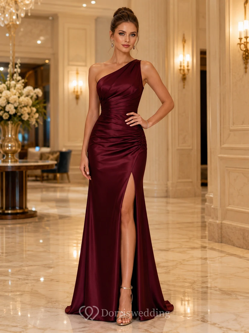 Modern Burgundy Satin Graduation Sheath Floor Length One Shoulder Ruched Split Gown