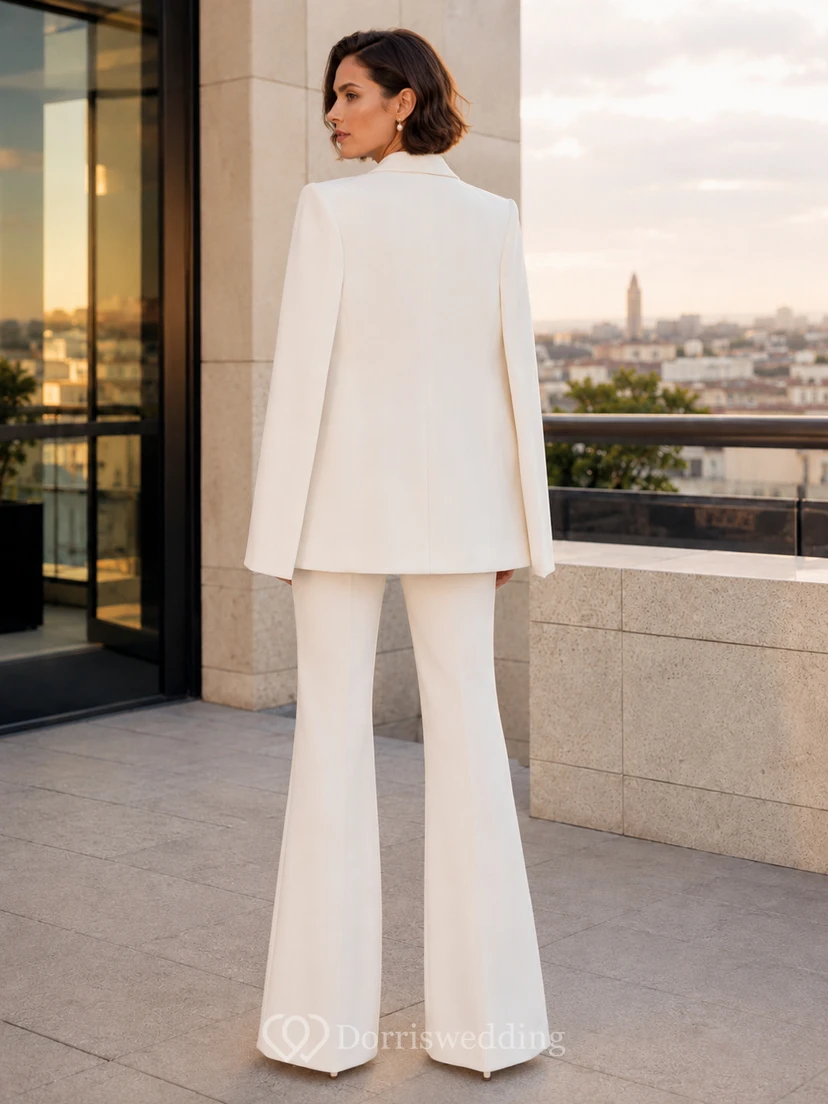Luxuriöser Braut-Hosenanzug, trägerloser Jumpsuit, Cape-Blazer, weites Bein, Hochzeitsoutfit view 2