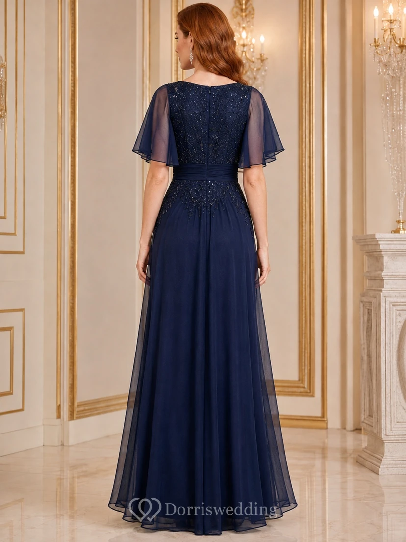 Vestido de noche formal de gasa azul marino oscuro con escote en V, mangas con volantes y detalles de cuentas, corte en A view 2