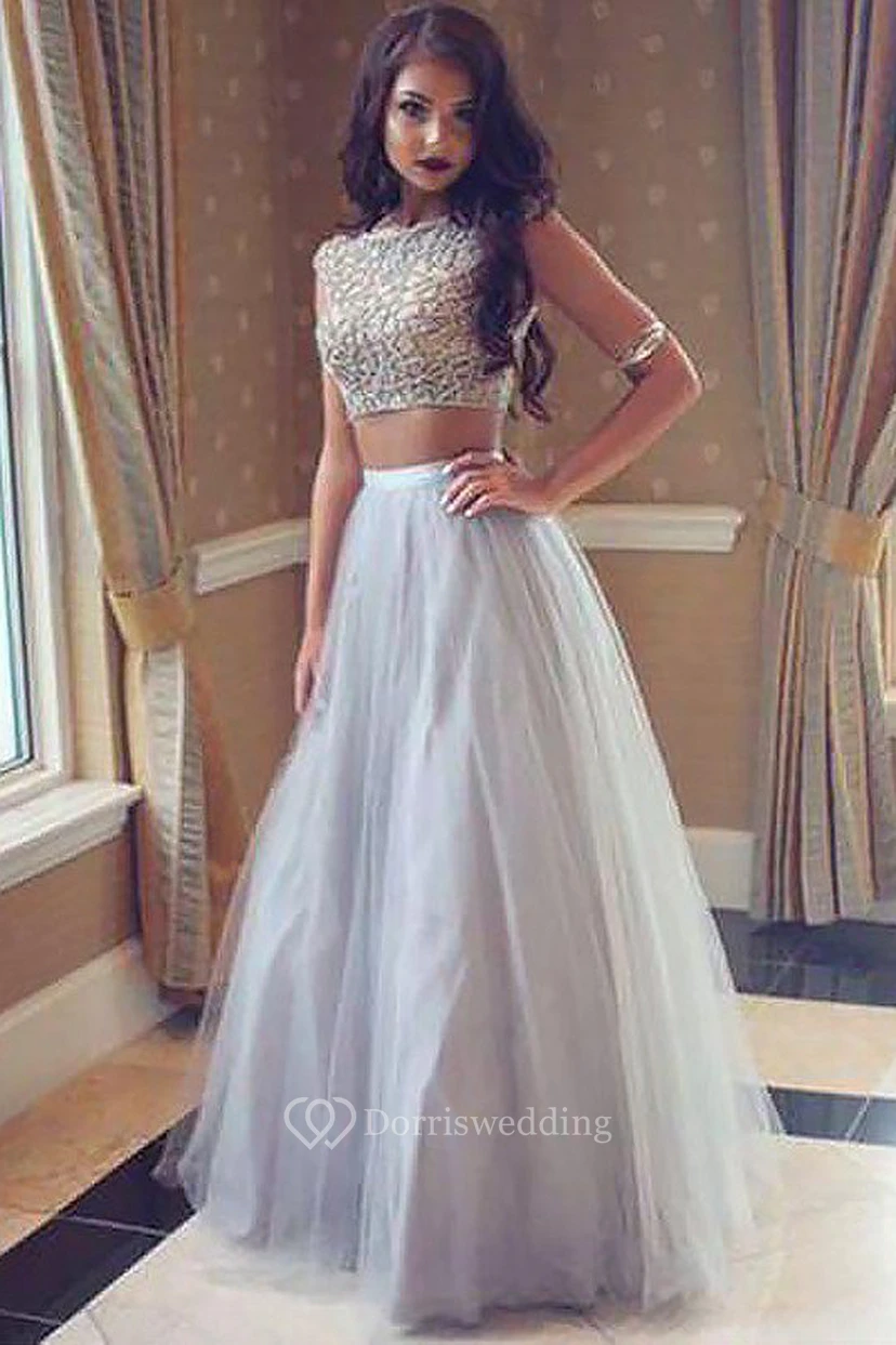 A-Line Two Piece Lace Tulle High Neck Short Sleeve Zipper Dress