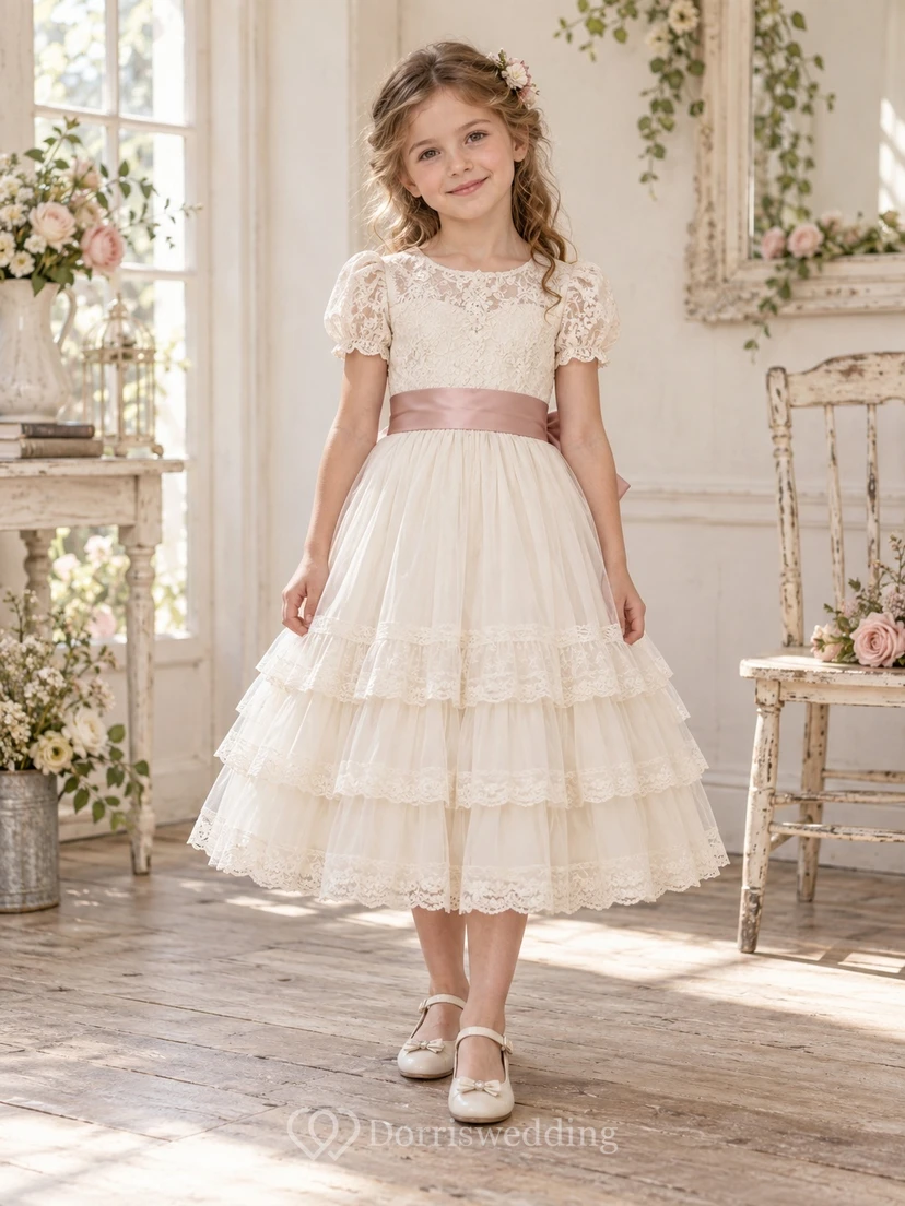 Vestido de niña de flores de corte A, largo hasta la rodilla, color marfil, estampado floral, tul, mangas cortas, volantes y fajín de rosas.
