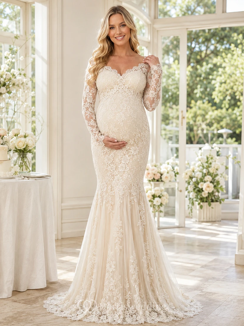 Maternity Wedding Mermaid Sweetheart Long Sleeve Lace Sweep Train Bridal Dress