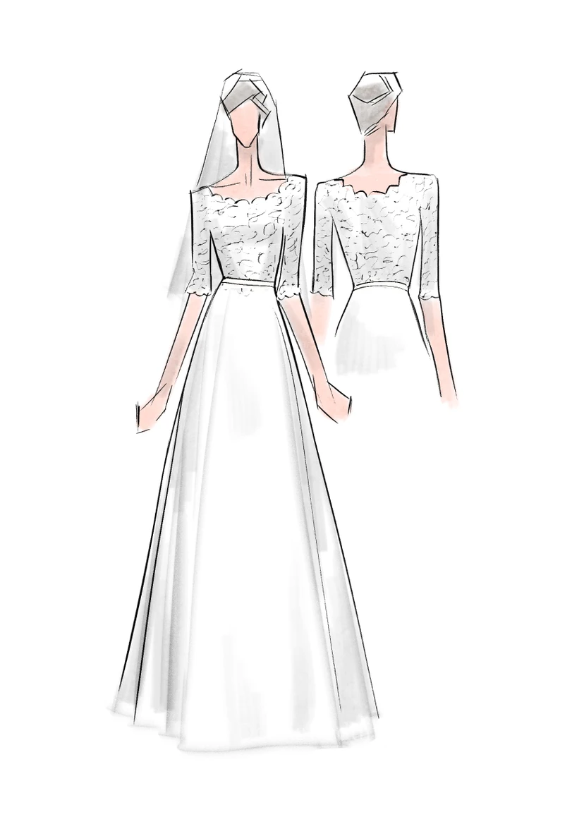 Brautkleid in A-Linie mit Spitze, Perlenstickerei und elfenbeinfarbenen Halbärmeln view 4