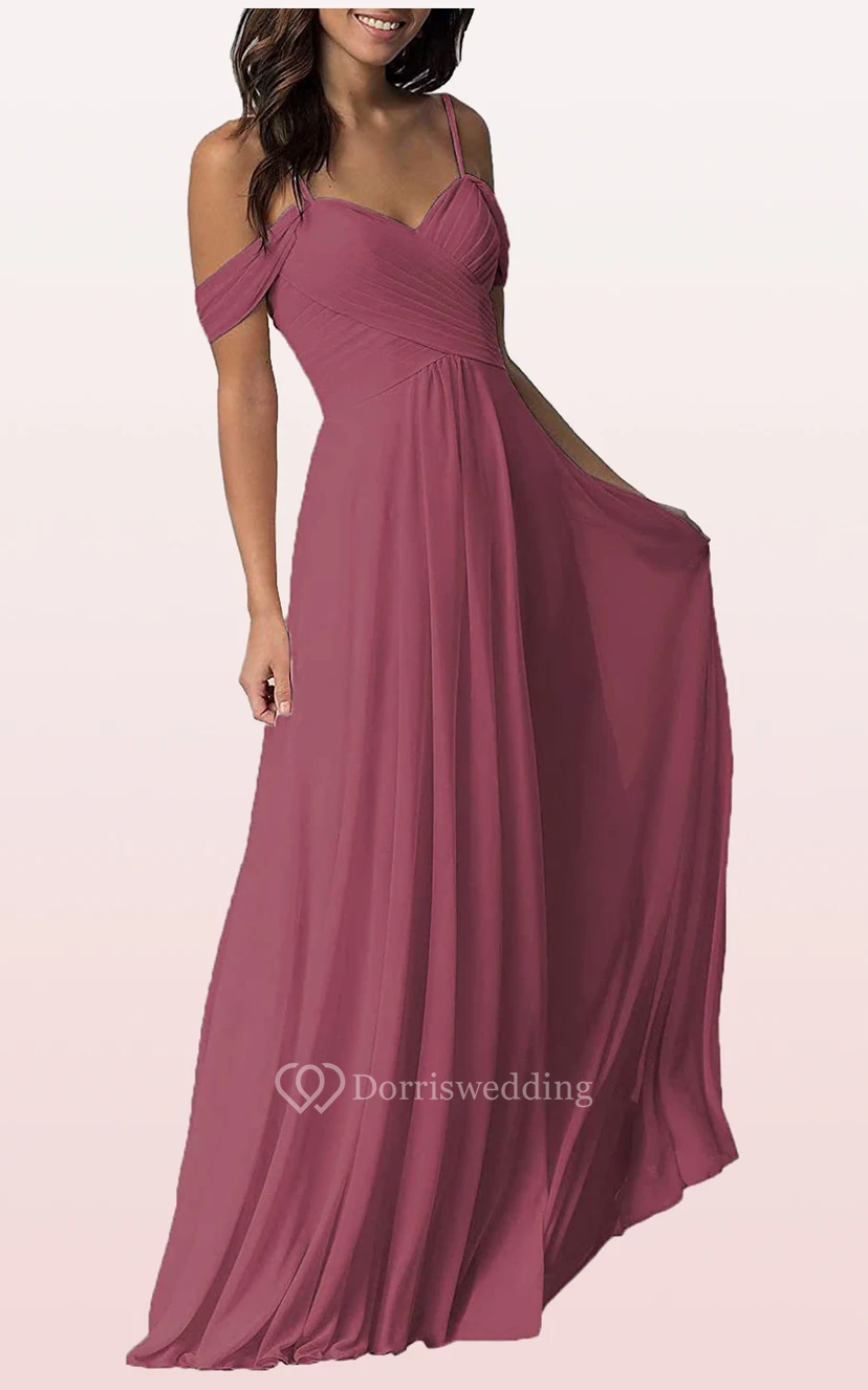 Off-the-shoulder A Line Sleeveless Floor-length Chiffon Bridesmaid Dress With Ruching view 12
