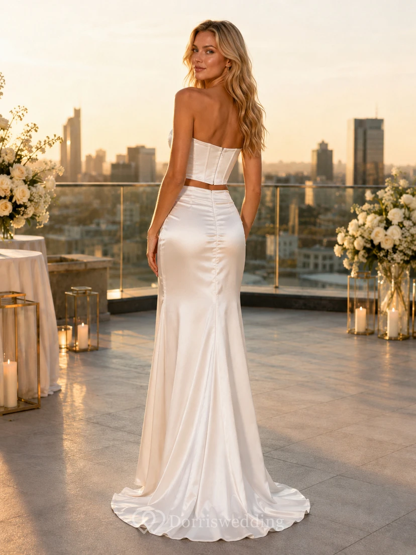 Strapless Corset Satin Slit Skirt Rooftop Reception Bridal Set view 2