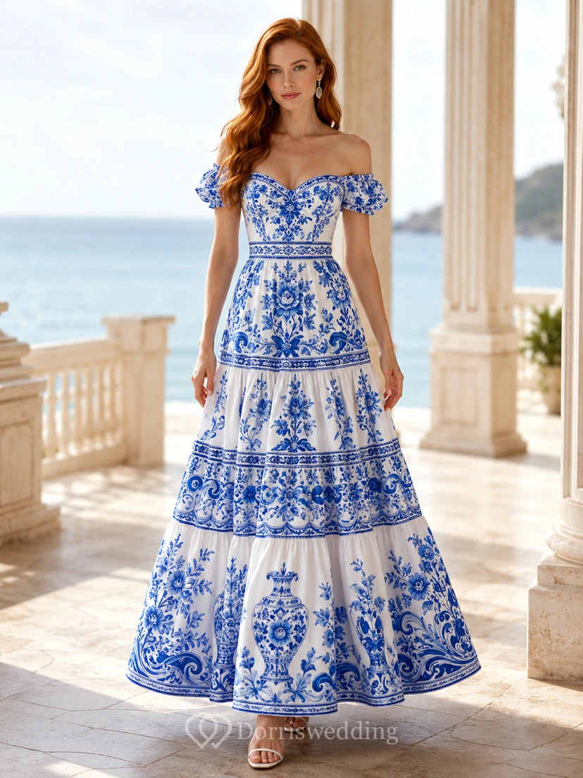Blue Porcelain Print Off Shoulder Tiered Maxi Dress