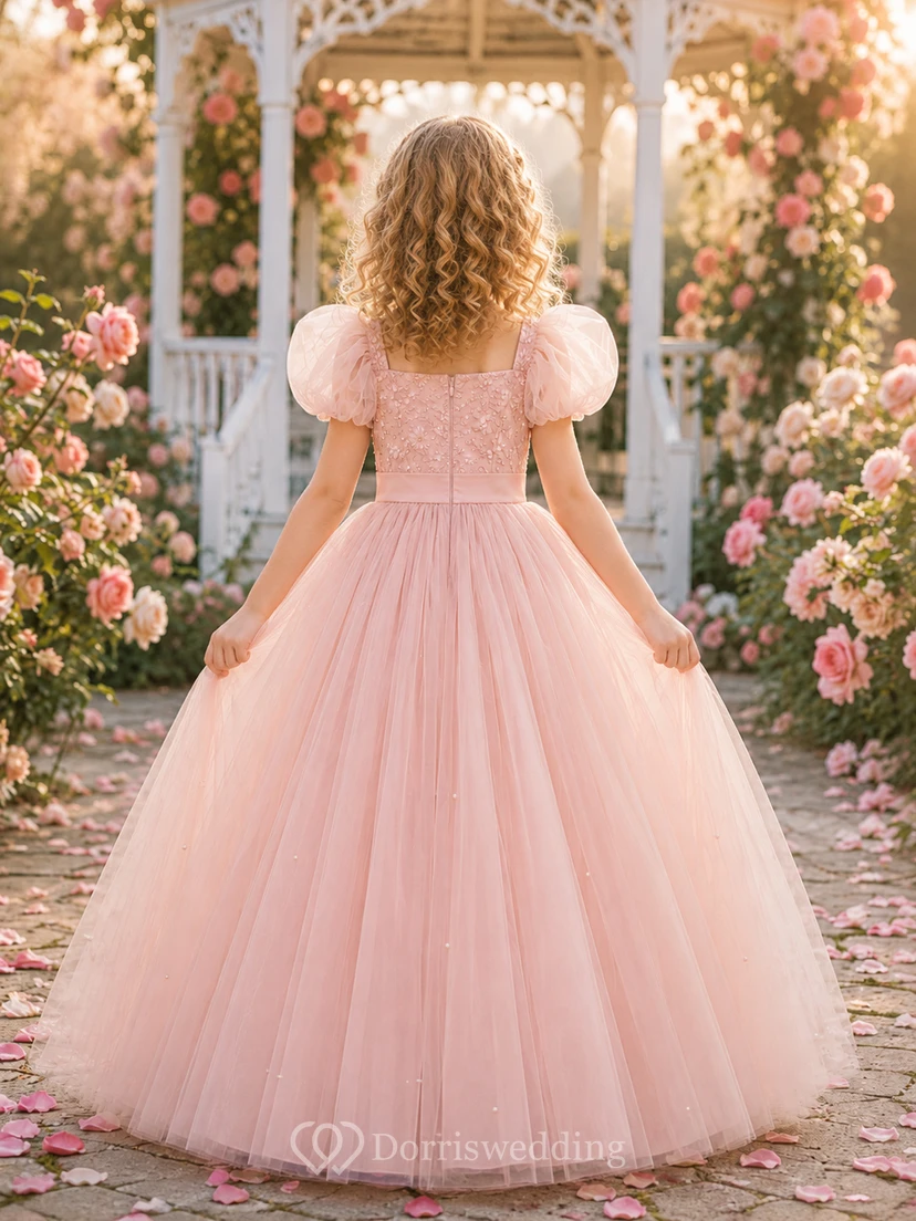 Blumenmädchenkleid aus rosafarbenem Tüll, A-Linie, Rundhalsausschnitt, bodenlang, plissiert view 2
