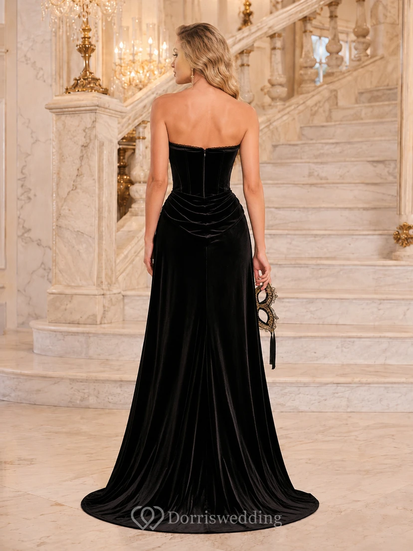 Black strapless velvet mermaid gown with corset seams view 2