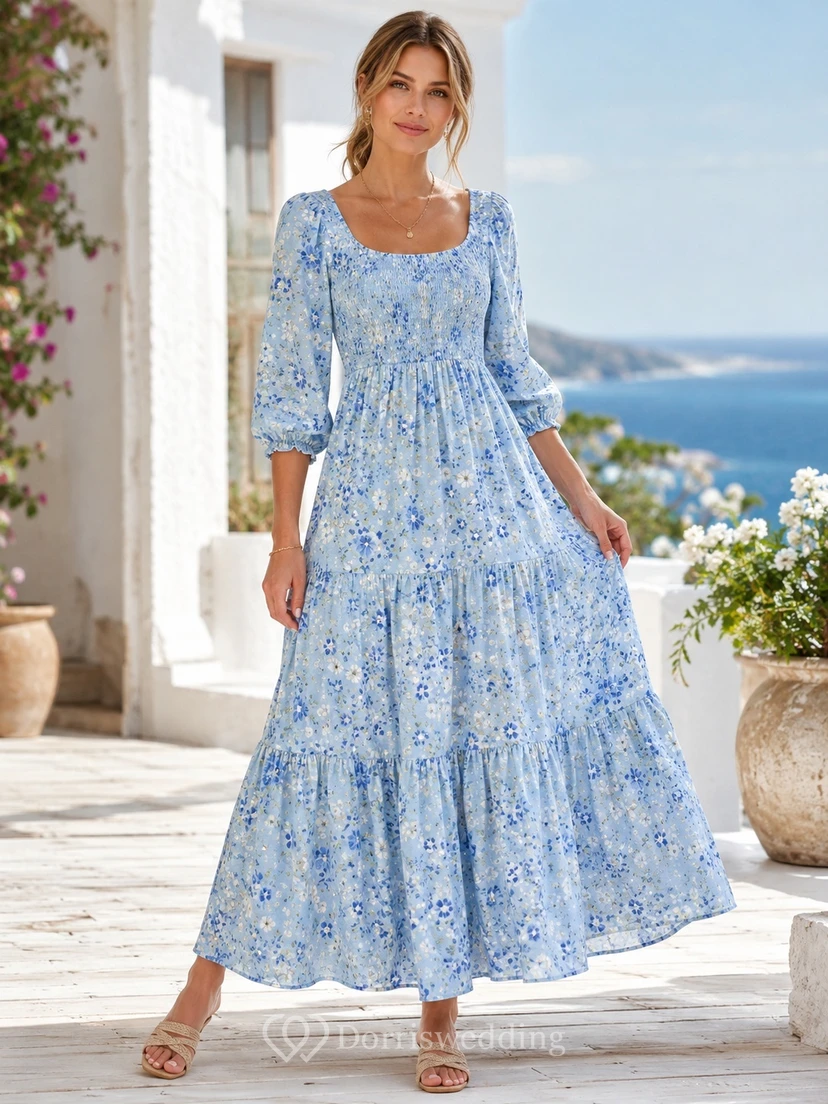 Light Blue Floral Square Neck Three-Quarter Puff Sleeve Tiered Ankle-Length Bohemian Dress