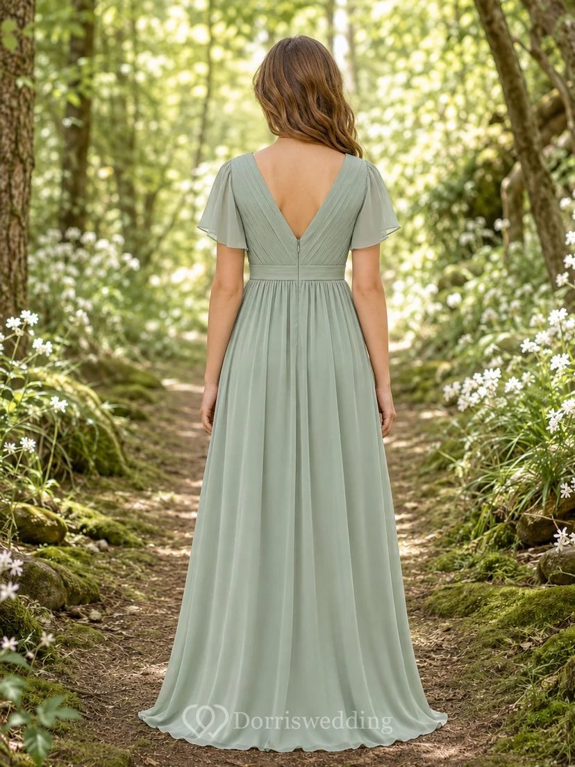 Mintgrünes Brautjungfernkleid im A-Linien-Stil mit V-Ausschnitt, kurzen Blütenblattärmeln und Falten im Boho-Stil view 2