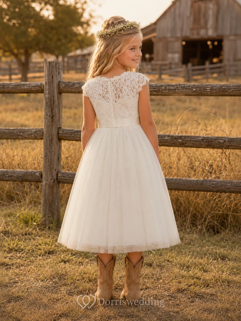 A-Line Flowergirl Lace Tulle Tea-Length Cap Sleeve Ranch Wedding Dress view 2