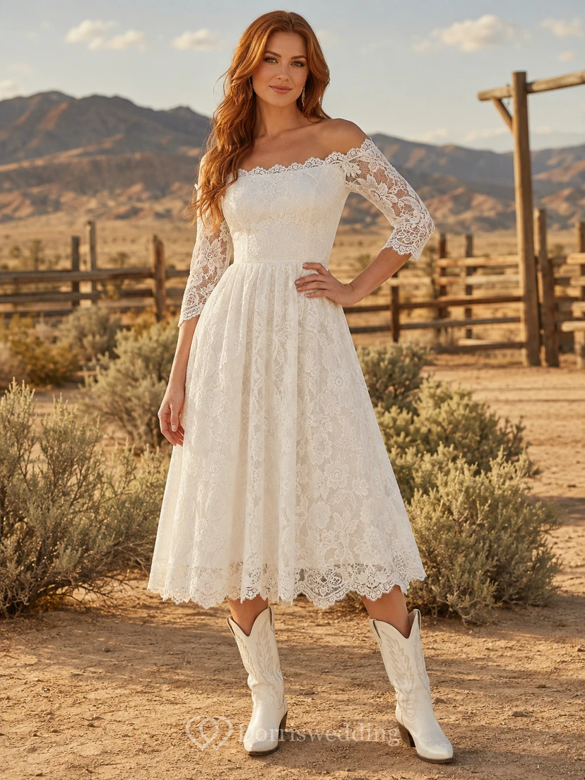 Robe de mariée champêtre vintage en dentelle, épaules dénudées, manches trois-quarts, longueur thé, style western rustique.