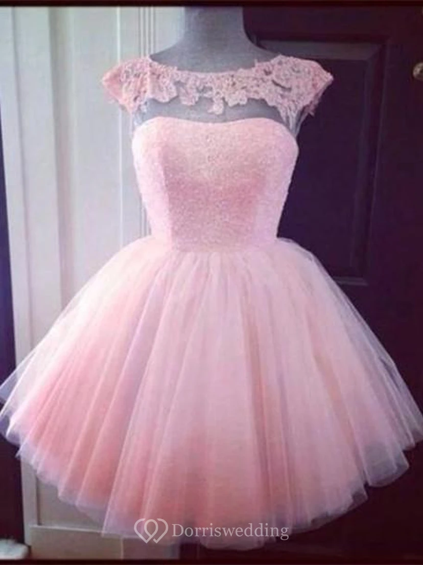 Lindo vestido rosa de manga corta con apliques para fiesta de bienvenida, minivestido de tul
