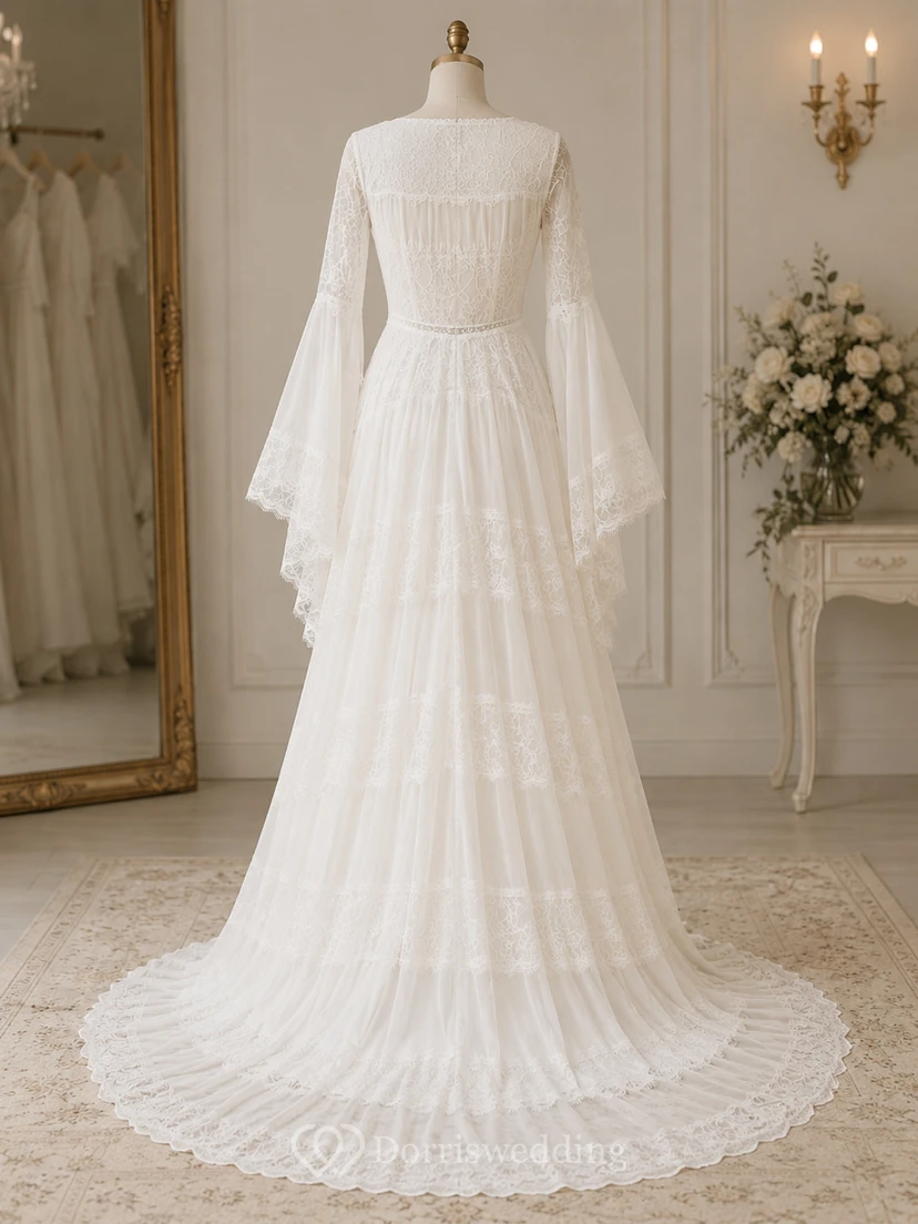 Long Bell Sleeve Lace A-Line Wedding Dress with Ruffle Drape view 8