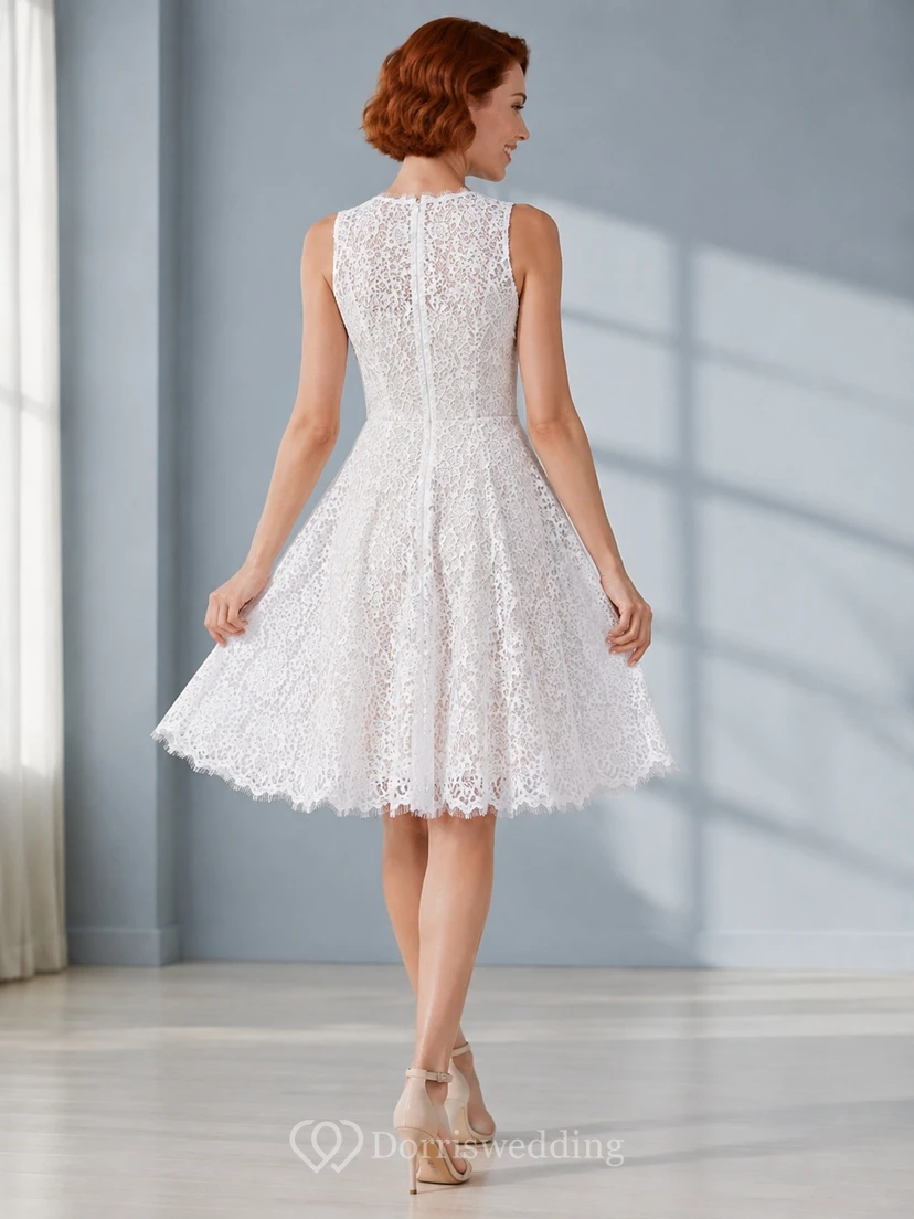 Modest High Neck Sleeveless Lace A-Line Knee-Length Courthouse Wedding Dress view 2